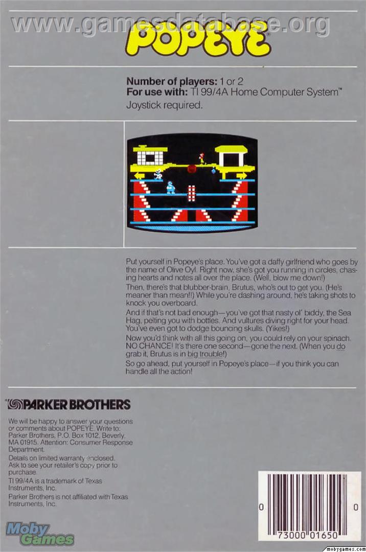 Popeye - Texas Instruments TI 99/4A - Artwork - Box Back