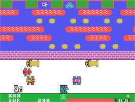 In game image of Frogger on the Texas Instruments TI 99/4A.